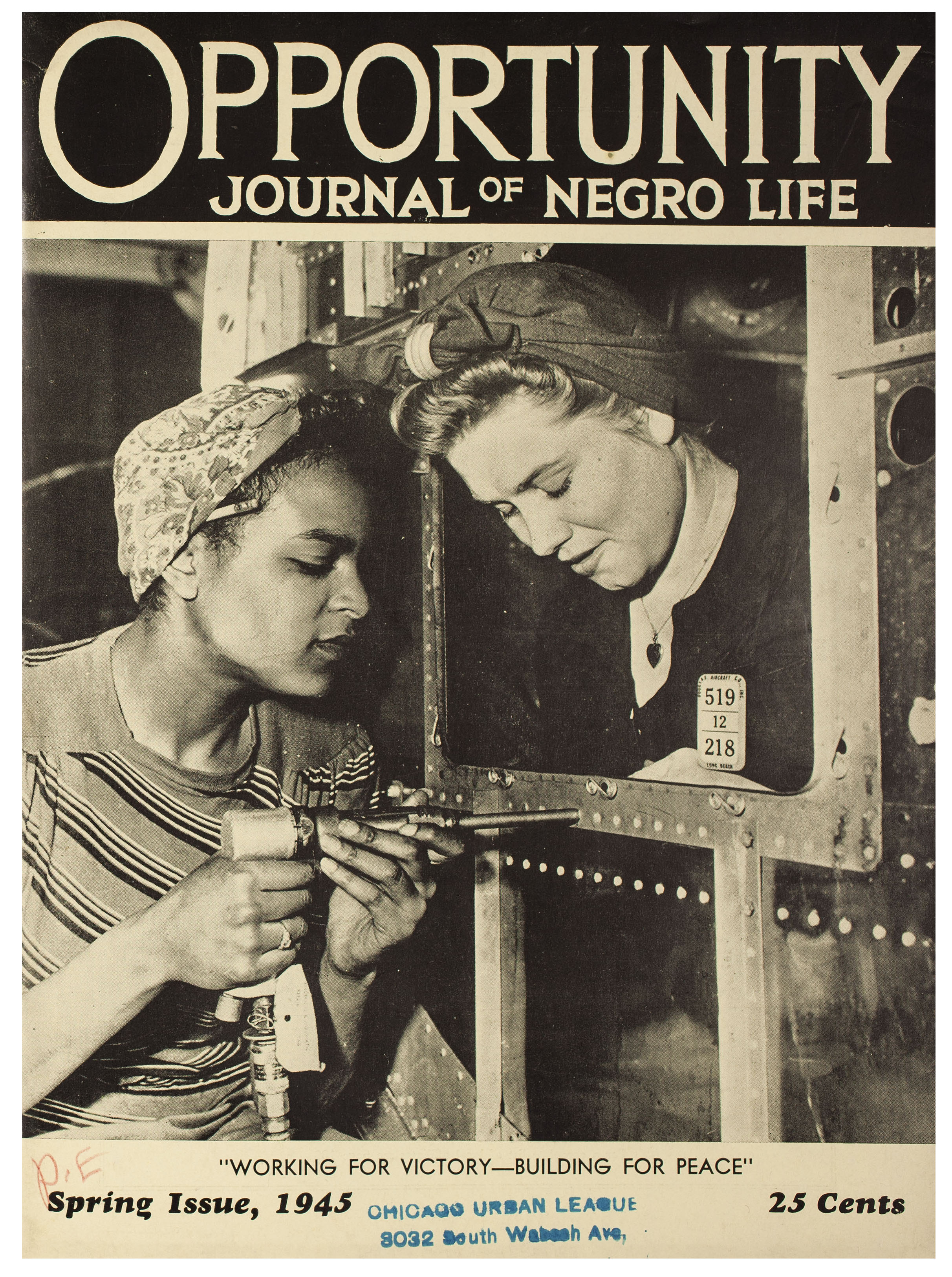 Cover of Opportunity Journal of Negro Life, showing a white and black woman working together.