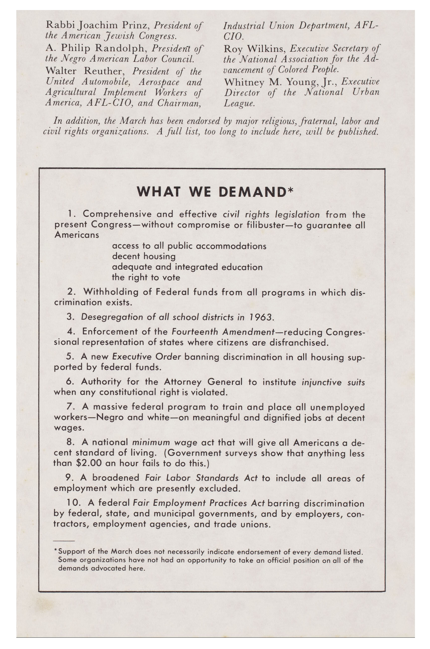 Statement by the heads of 10 organizations calling for discipline in connectiong with the Washington March August 1963, with 10 demands. 