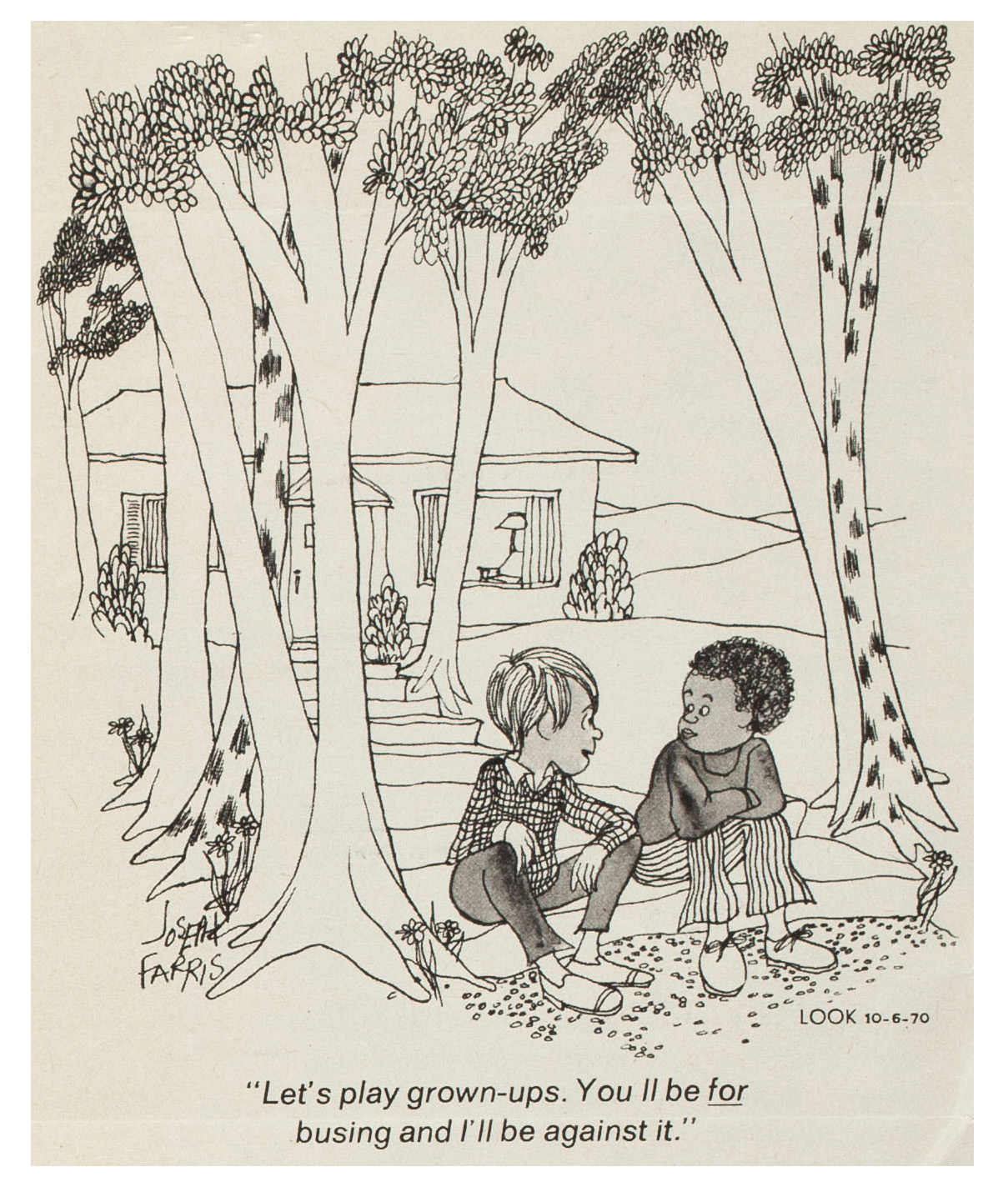 Cartoon of two children playing outside "Let's play grown-ups. You'll be for busing and I'll be against it."
